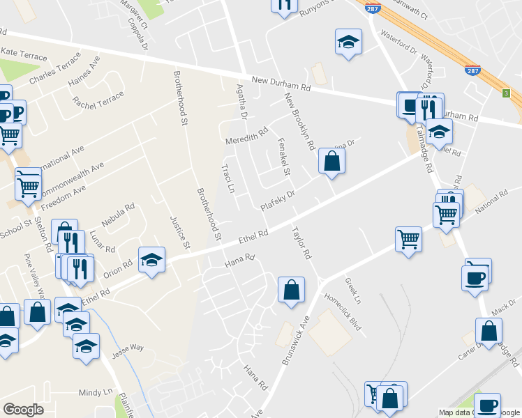 map of restaurants, bars, coffee shops, grocery stores, and more near 31 Plafsky Drive in Edison