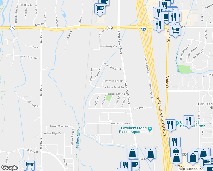 map of restaurants, bars, coffee shops, grocery stores, and more near 292 Bubbling Brook Lane in Draper