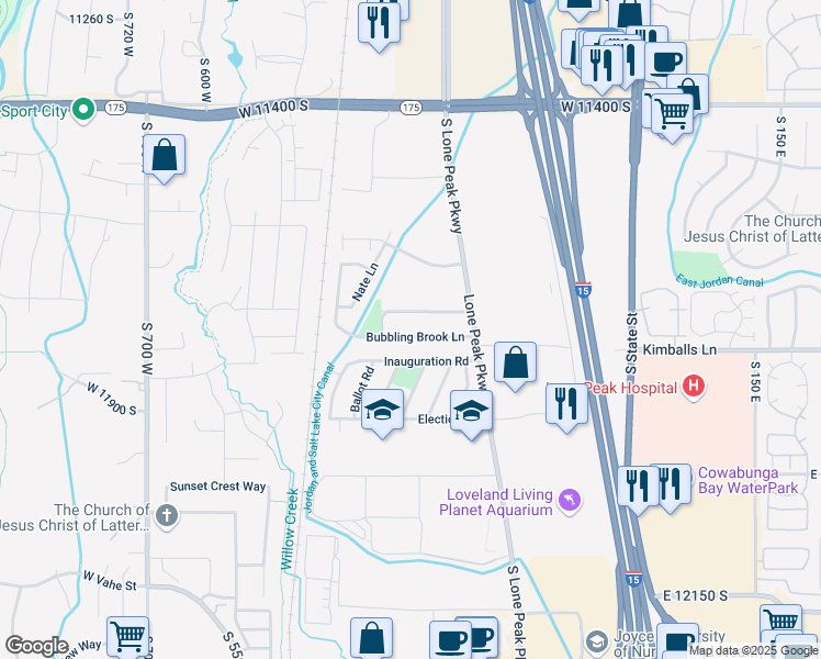 map of restaurants, bars, coffee shops, grocery stores, and more near 280 Bubbling Brook Lane in Draper