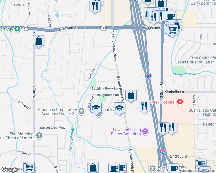 map of restaurants, bars, coffee shops, grocery stores, and more near 280 Bubbling Brook Lane in Draper