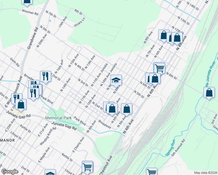 map of restaurants, bars, coffee shops, grocery stores, and more near 899 N 4th St in Altoona