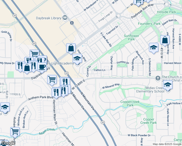 map of restaurants, bars, coffee shops, grocery stores, and more near 5011 Calton Lane in South Jordan