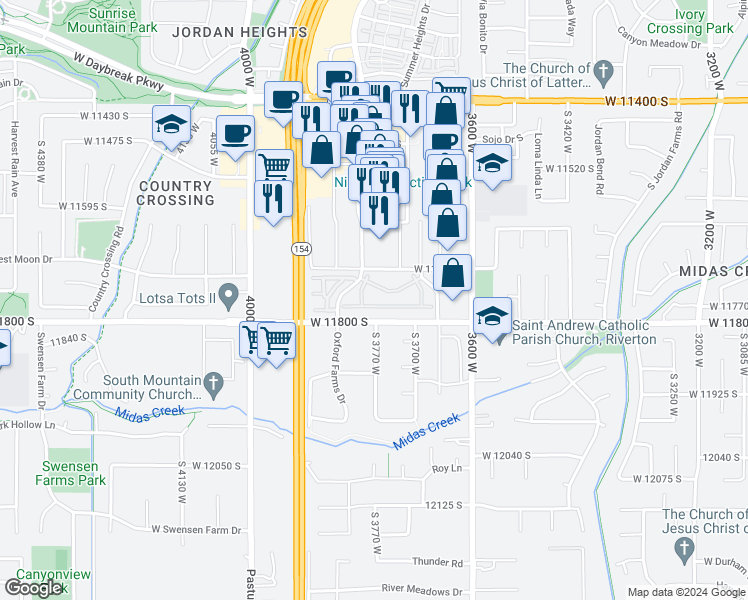 map of restaurants, bars, coffee shops, grocery stores, and more near 3776 Fontana Way in South Jordan