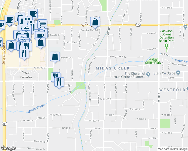 map of restaurants, bars, coffee shops, grocery stores, and more near 3281 Mossey Creek Lane in South Jordan