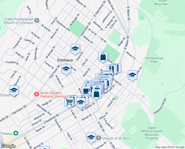 map of restaurants, bars, coffee shops, grocery stores, and more near 239 Ridge Street in Emmaus