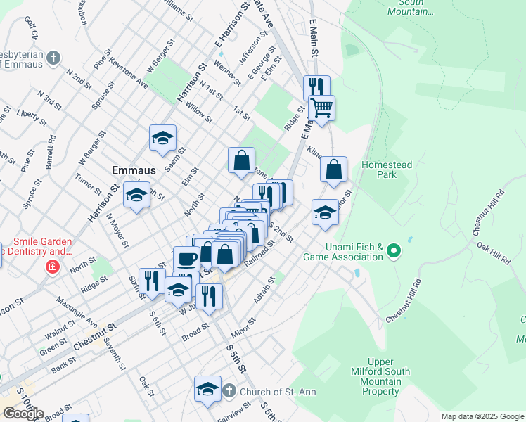 map of restaurants, bars, coffee shops, grocery stores, and more near 191 Main Street in Emmaus