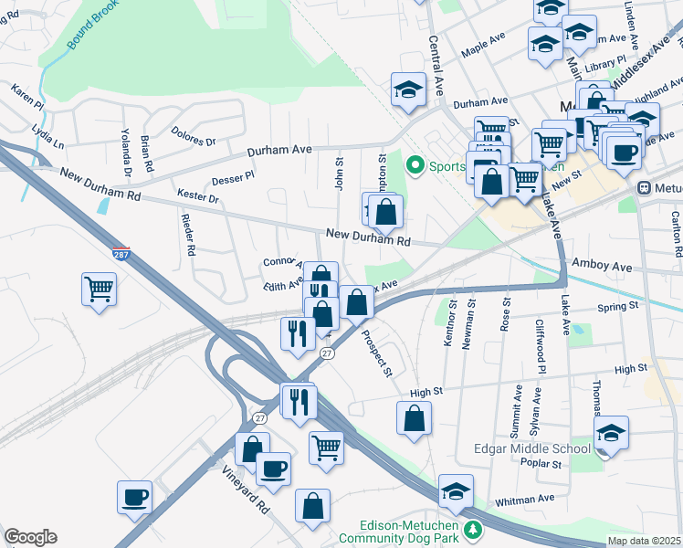 map of restaurants, bars, coffee shops, grocery stores, and more near 2 Robert Circle in Metuchen