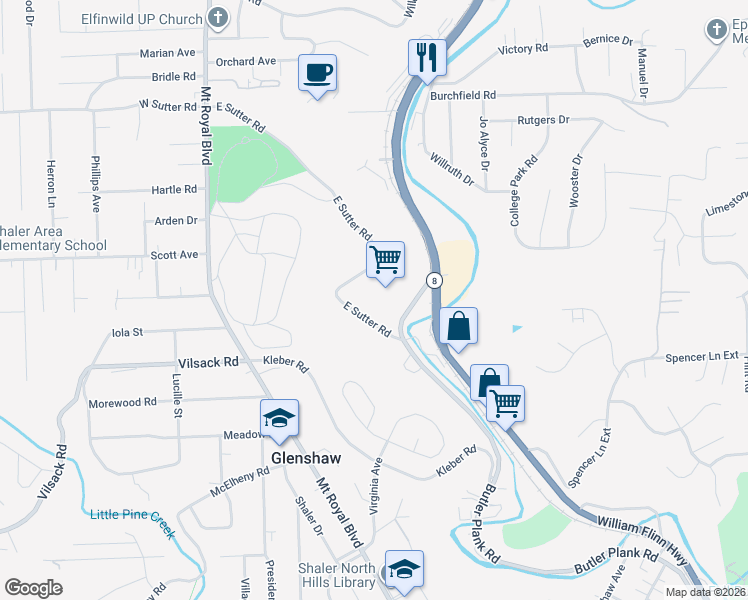 map of restaurants, bars, coffee shops, grocery stores, and more near 1671 Butler Plank Road in Glenshaw