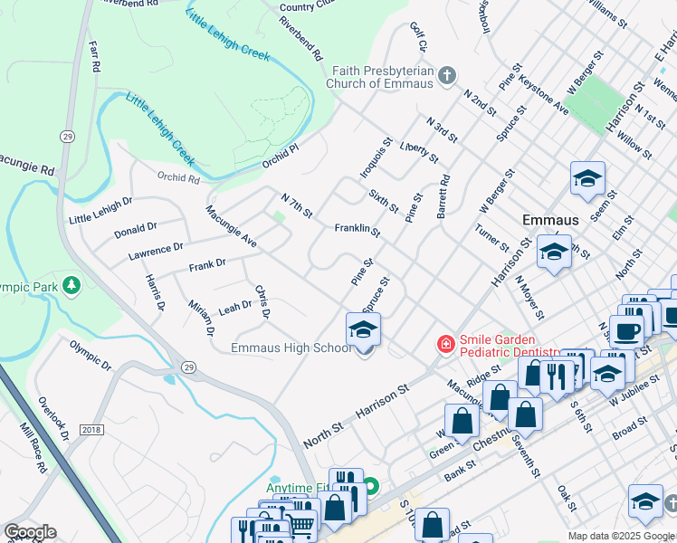 map of restaurants, bars, coffee shops, grocery stores, and more near 934 North Seventh Street Circle in Emmaus