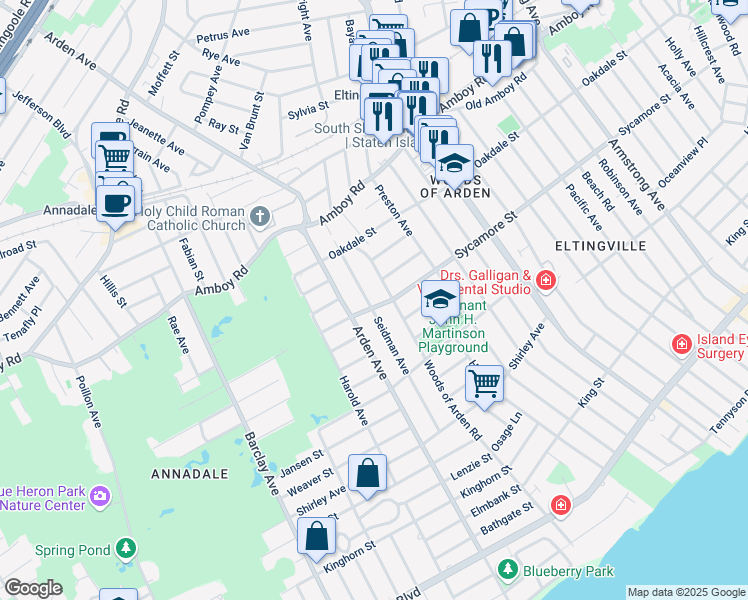 map of restaurants, bars, coffee shops, grocery stores, and more near 105 Seidman Avenue in Staten Island