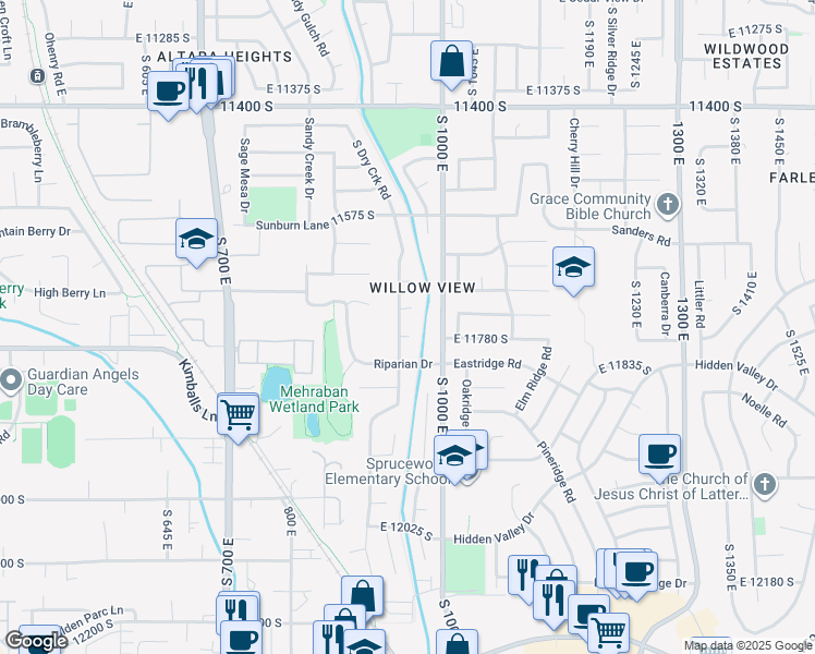 map of restaurants, bars, coffee shops, grocery stores, and more near 951 South Fork Circle in Sandy
