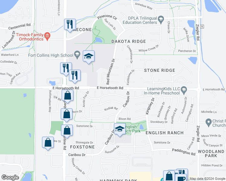map of restaurants, bars, coffee shops, grocery stores, and more near 3603 Jaguar Place in Fort Collins