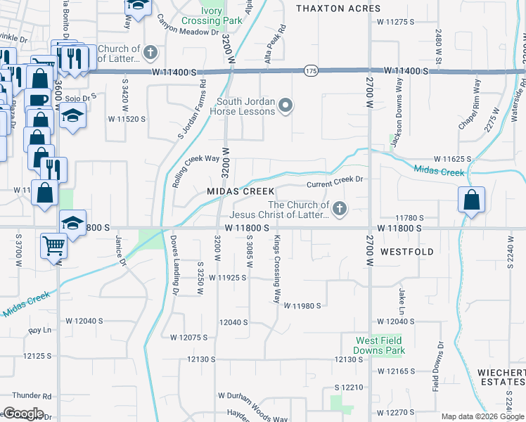 map of restaurants, bars, coffee shops, grocery stores, and more near 3042 Chalk Creek Way in South Jordan