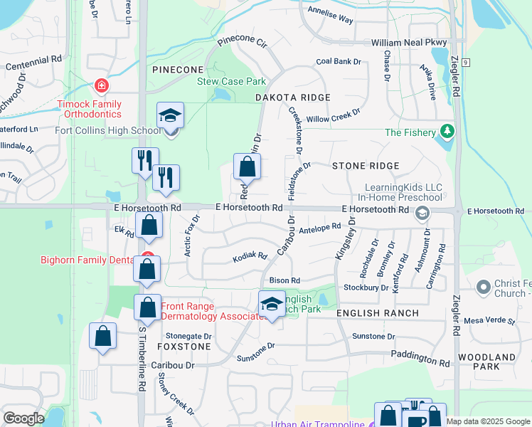map of restaurants, bars, coffee shops, grocery stores, and more near 3602 Jaguar Pl in Fort Collins