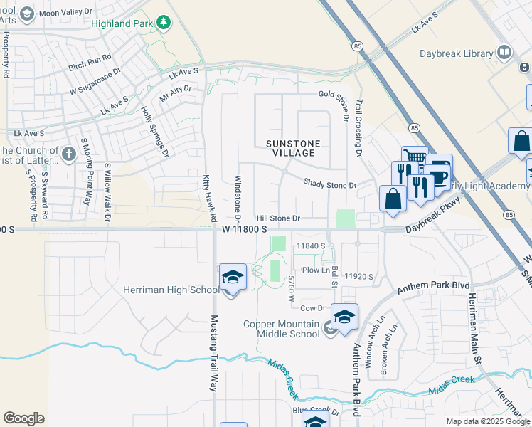 map of restaurants, bars, coffee shops, grocery stores, and more near 5830 Hill Stone Drive in South Jordan