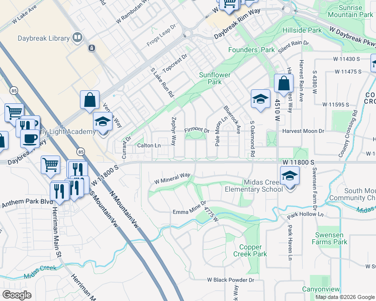 map of restaurants, bars, coffee shops, grocery stores, and more near 11772 Lake Run Road in South Jordan