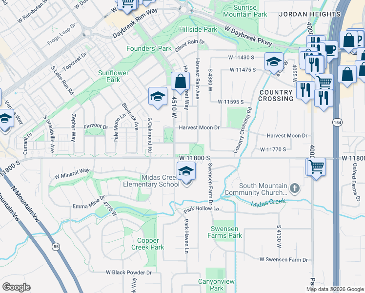 map of restaurants, bars, coffee shops, grocery stores, and more near 4466 11800 South in South Jordan