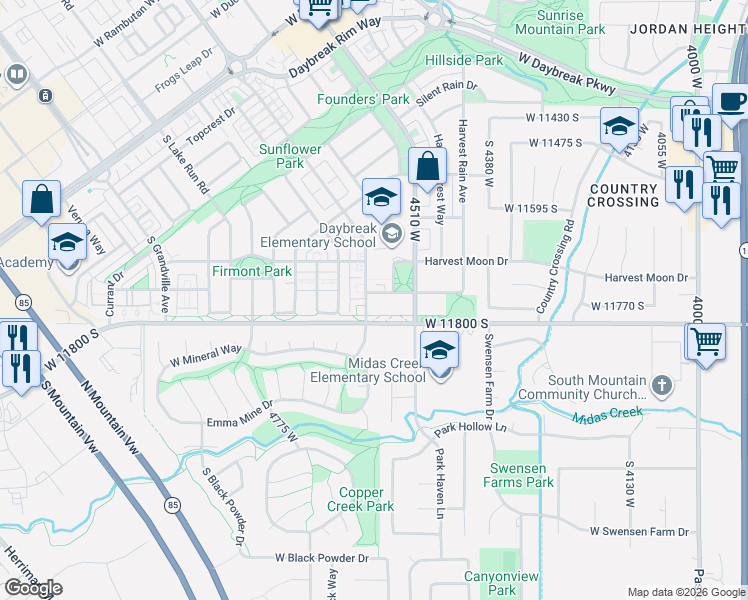 map of restaurants, bars, coffee shops, grocery stores, and more near 11776 South Oakmond Road in South Jordan