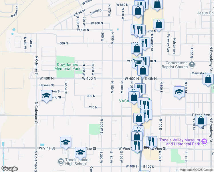 map of restaurants, bars, coffee shops, grocery stores, and more near 354 200 North in Tooele