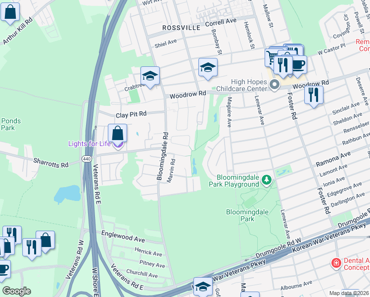 map of restaurants, bars, coffee shops, grocery stores, and more near 72 Marisa Circle in Staten Island