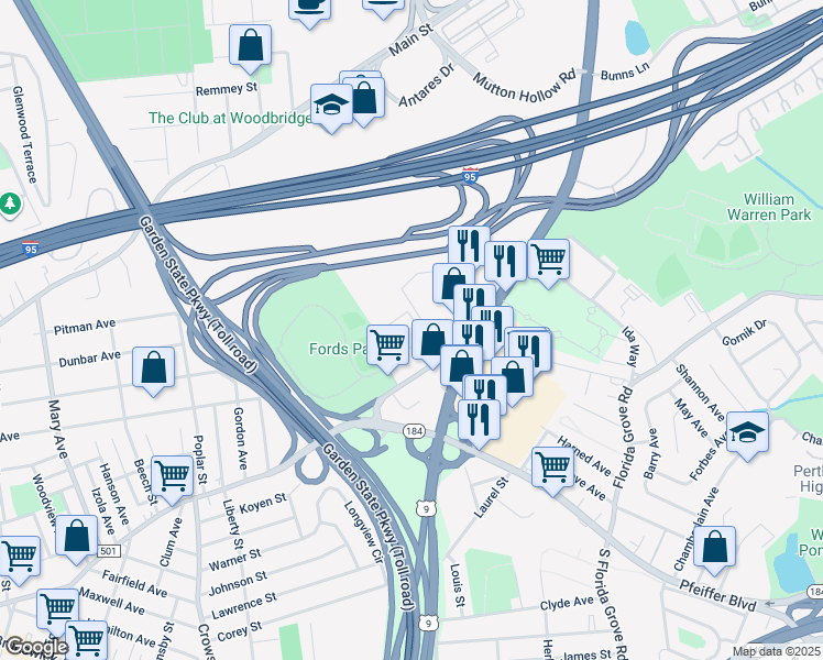 map of restaurants, bars, coffee shops, grocery stores, and more near 555 King Georges Road in Woodbridge Township