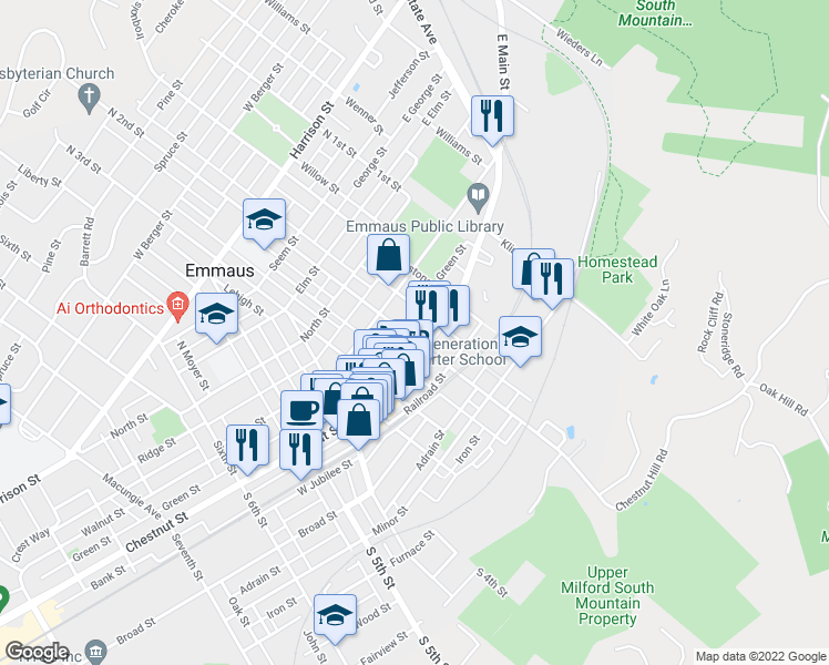 map of restaurants, bars, coffee shops, grocery stores, and more near 195 Main Street in Emmaus
