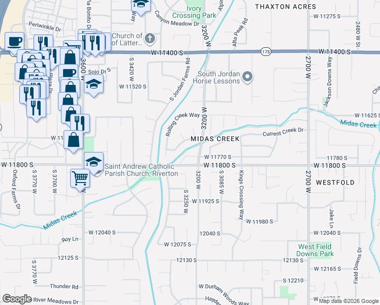 map of restaurants, bars, coffee shops, grocery stores, and more near 3234 West Winter Creek Circle in South Jordan