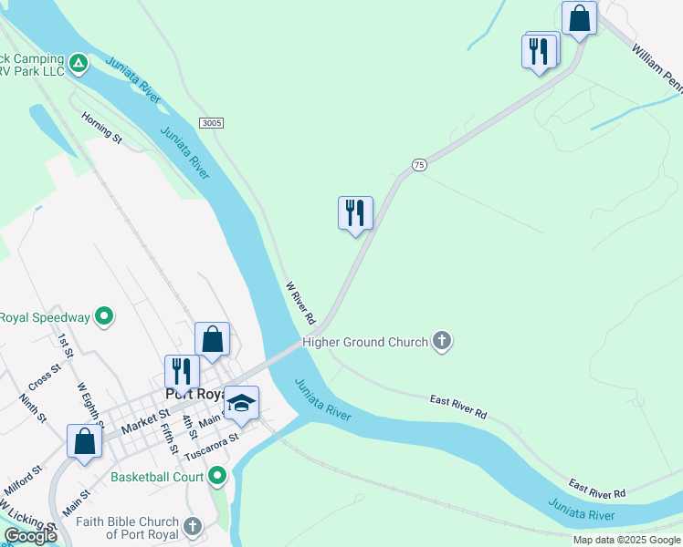 map of restaurants, bars, coffee shops, grocery stores, and more near 26493 Route 75 North in Mifflintown