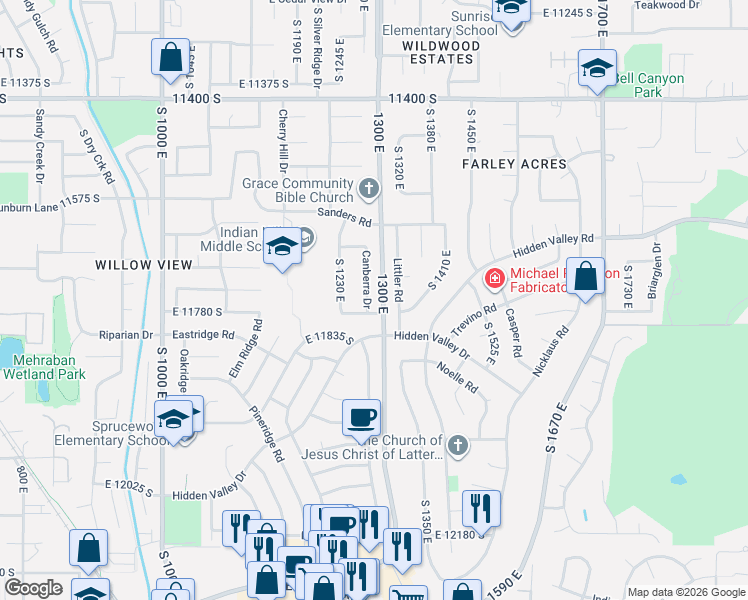 map of restaurants, bars, coffee shops, grocery stores, and more near 11755 Canberra Drive in Sandy