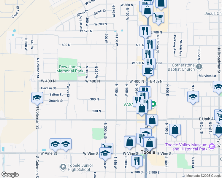 map of restaurants, bars, coffee shops, grocery stores, and more near 354 200 North in Tooele