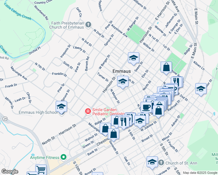 map of restaurants, bars, coffee shops, grocery stores, and more near 542 George Street in Emmaus