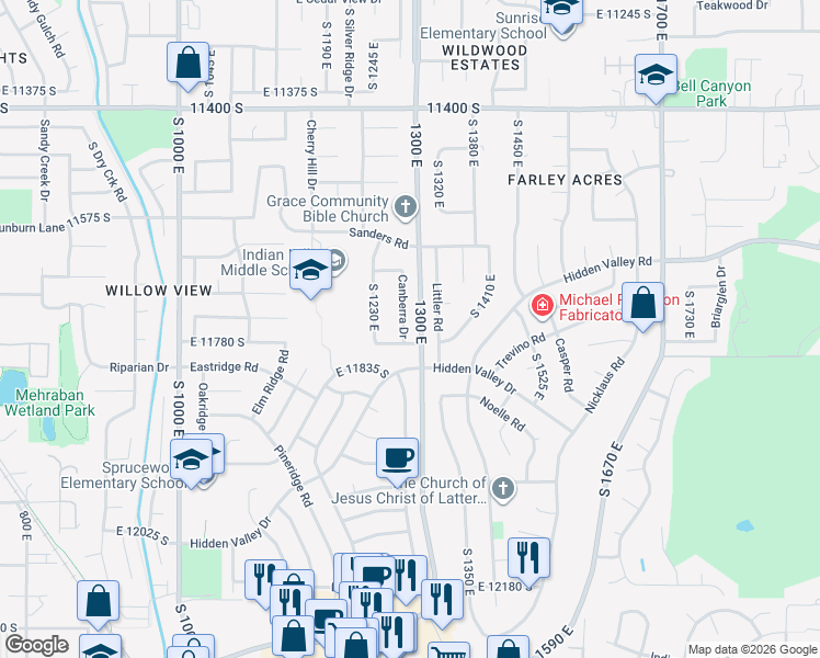 map of restaurants, bars, coffee shops, grocery stores, and more near 11755 Canberra Drive in Sandy