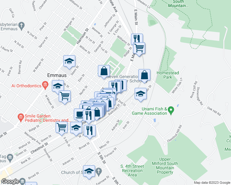 map of restaurants, bars, coffee shops, grocery stores, and more near 185 Main Street in Emmaus