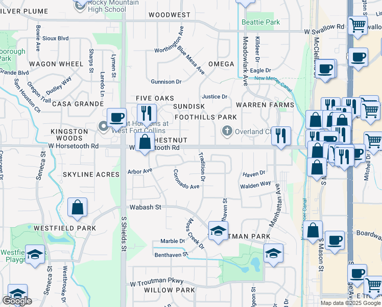 map of restaurants, bars, coffee shops, grocery stores, and more near 814 Arbor Avenue in Fort Collins
