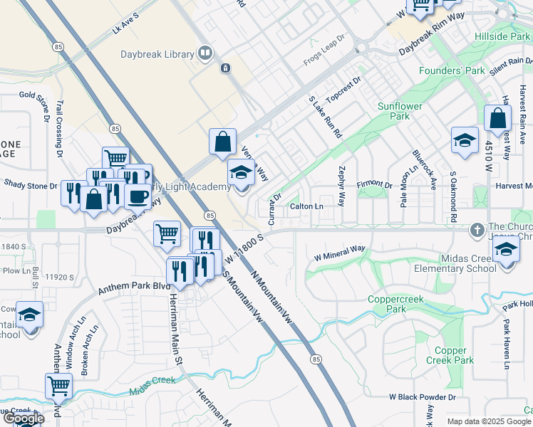 map of restaurants, bars, coffee shops, grocery stores, and more near 11756 Currant Drive in South Jordan