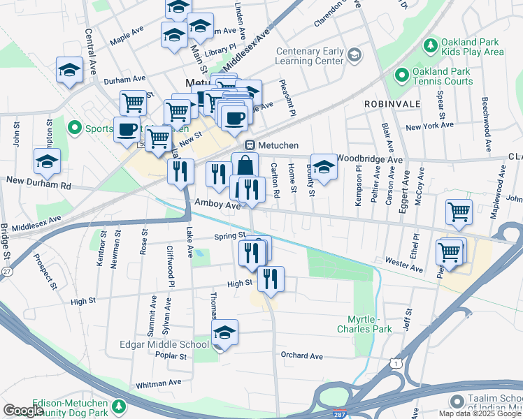 map of restaurants, bars, coffee shops, grocery stores, and more near 259 Amboy Avenue in Metuchen
