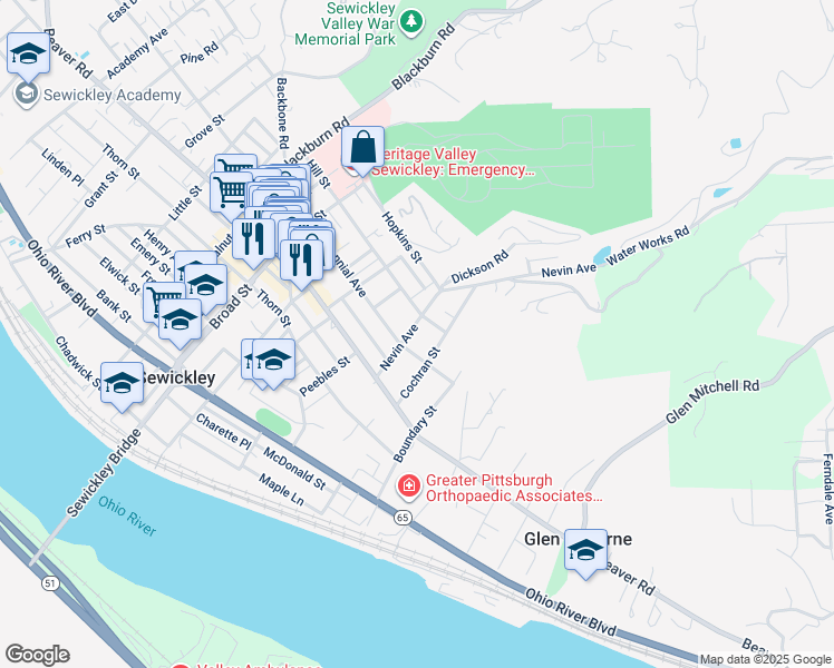map of restaurants, bars, coffee shops, grocery stores, and more near 614 Nevin Avenue in Sewickley