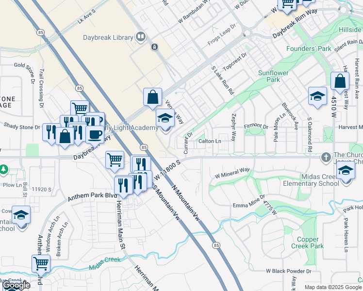 map of restaurants, bars, coffee shops, grocery stores, and more near 11756 Currant Drive in South Jordan
