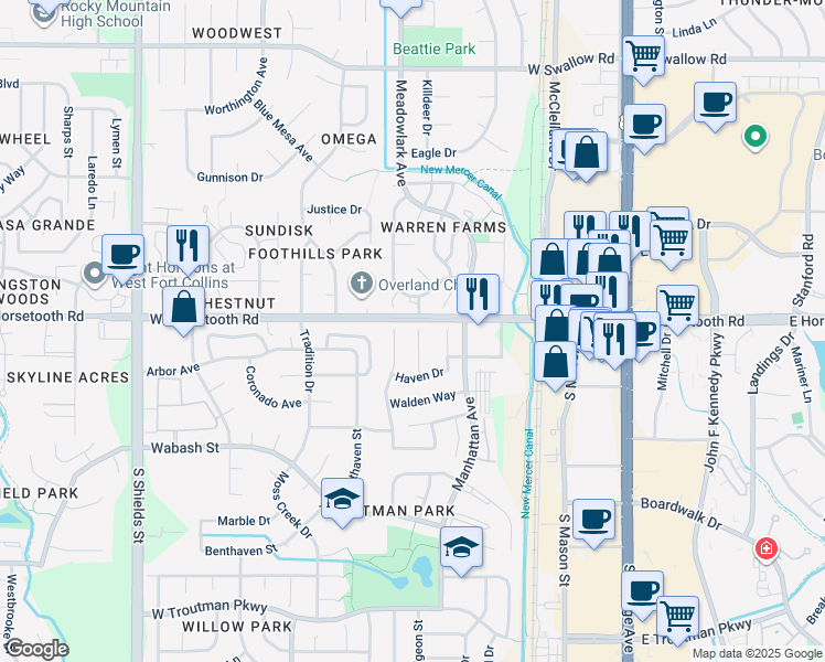 map of restaurants, bars, coffee shops, grocery stores, and more near 3609 Mayflower Court in Fort Collins