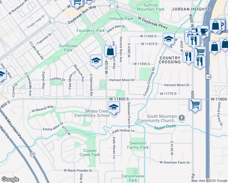 map of restaurants, bars, coffee shops, grocery stores, and more near 4463 West Harvest Sun Lane in South Jordan