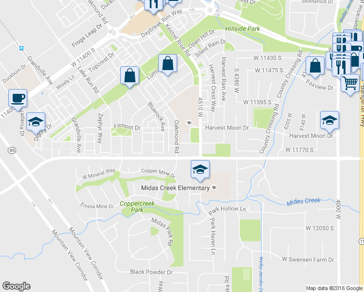 map of restaurants, bars, coffee shops, grocery stores, and more near 4577 Harvest Sun Lane in South Jordan