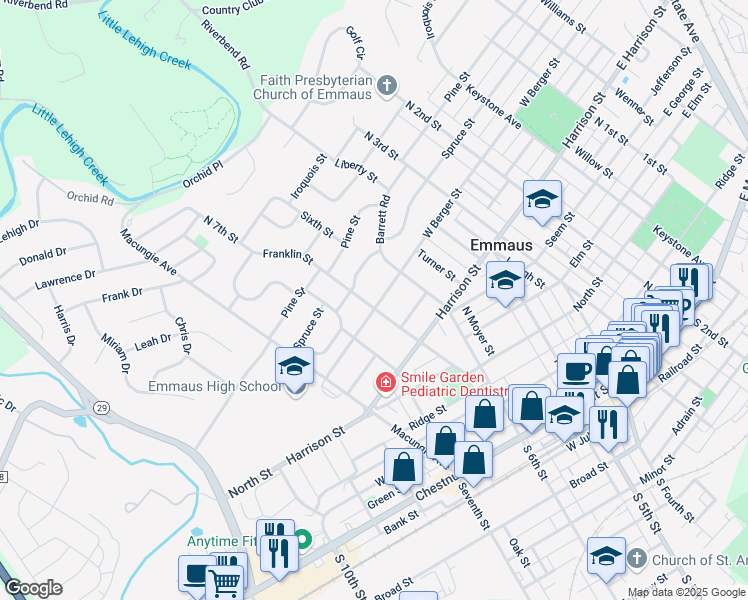 map of restaurants, bars, coffee shops, grocery stores, and more near 633 West Berger Street in Emmaus