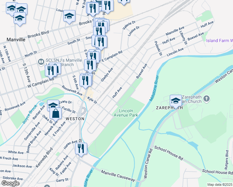 map of restaurants, bars, coffee shops, grocery stores, and more near 321 Boesel Avenue in Manville