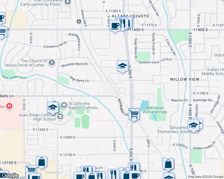 map of restaurants, bars, coffee shops, grocery stores, and more near 11763 South Nigel Peak Lane in Draper