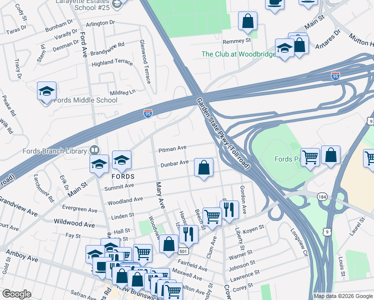 map of restaurants, bars, coffee shops, grocery stores, and more near 165 Beech Street in Woodbridge Township