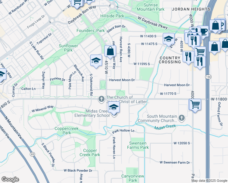 map of restaurants, bars, coffee shops, grocery stores, and more near 4463 West Harvest Sun Lane in South Jordan
