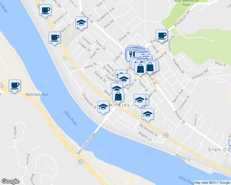 map of restaurants, bars, coffee shops, grocery stores, and more near 200 Walnut Street in Sewickley