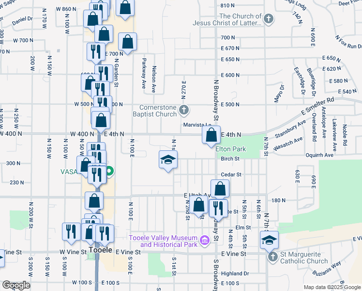 map of restaurants, bars, coffee shops, grocery stores, and more near 246 East 400 North in Tooele
