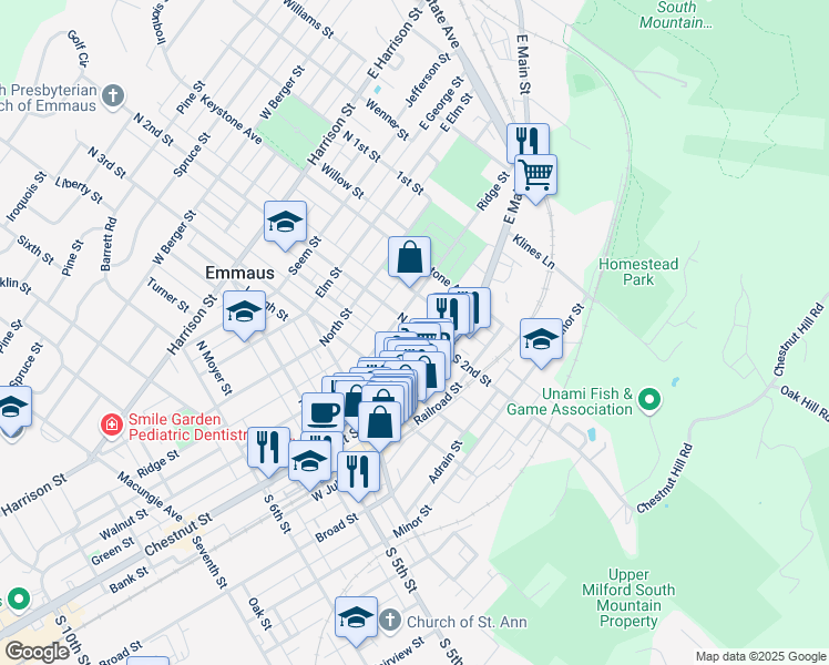 map of restaurants, bars, coffee shops, grocery stores, and more near 30 North 2nd Street in Emmaus