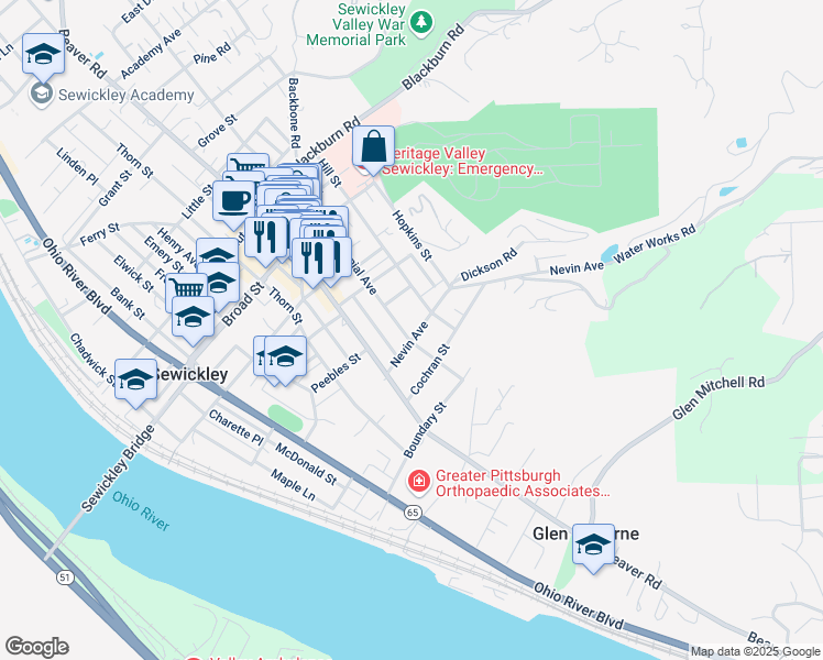 map of restaurants, bars, coffee shops, grocery stores, and more near 614 Nevin Avenue in Sewickley